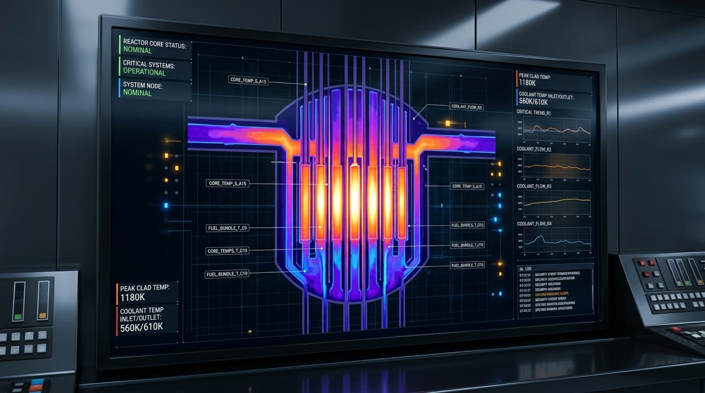 High-tech thermal imaging map of an industrial nuclear reactor core.