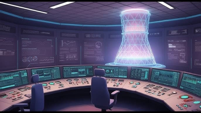 Animated stylized nuclear power plant control room with glowing holographic cooling tower.